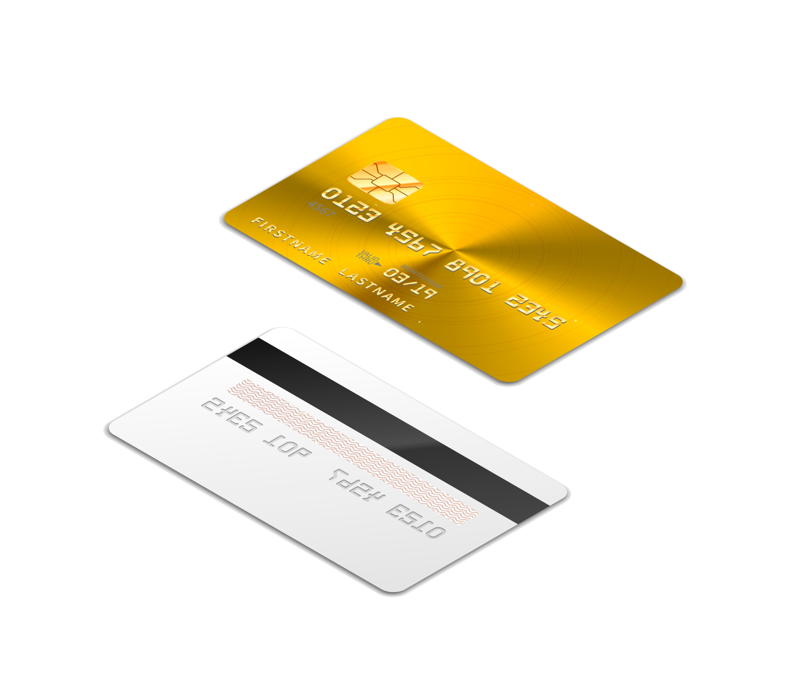 Golden realistic credit card with chip from both sides in isometric projection on white