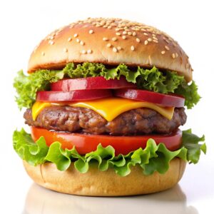 ai generated, burger, hamburger, beef, meal, meat, sandwich, cheeseburger, lunch, restaurant, snack, dinner, bread, plate, tasty, bun, cutout, cartoon, tomato, food
